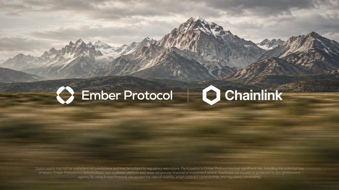 Promotional graphic showing "Ember Protocol | Chainlink" partnership logo against a backdrop of snow-capped mountains, with a disclaimer about digital asset risks at the bottom.