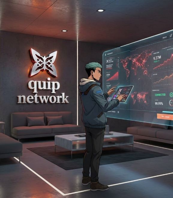 An anime-style illustration of a teal-haired person in a hoodie holding a tablet in a sleek lounge with a 'quip network' butterfly logo and large digital data displays.