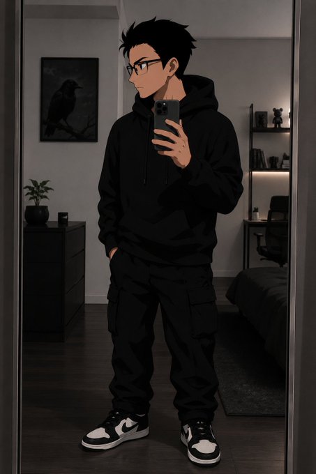 An anime-style illustration of a young man with dark hair and glasses wearing an all-black hoodie and cargo pants with black and white sneakers, taking a mirror selfie in a dimly lit bedroom.