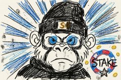 This drawing features a cartoon gorilla wearing a beanie with the "S" logo, and a Stake branded roulette wheel, referencing the @Stake giveaway.