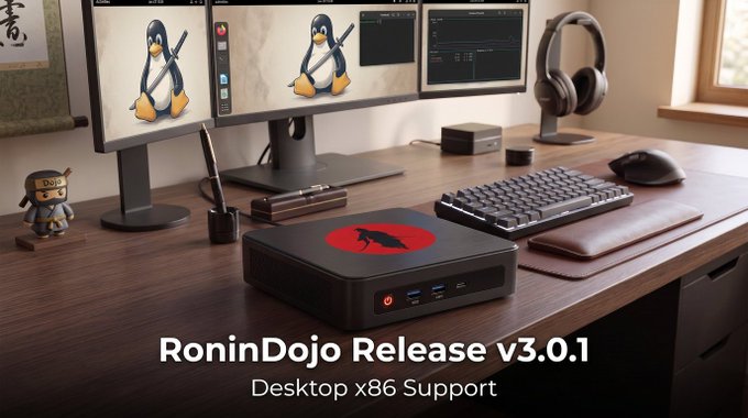 A promotional graphic for "RoninDojo Release v3.0.1" featuring the text "Desktop x86 Support," displayed over a desk setup with dual monitors showing the Linux penguin mascot and a mini PC with a red logo.