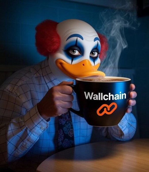 urn of coffee with "Wallchain" logo, dressed as a clown holding it while sitting at a table.
