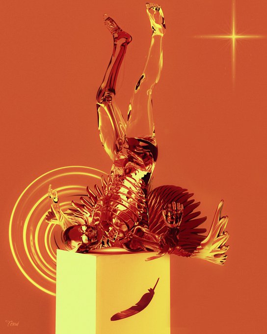 A translucent red crystalline figure performs an inverted handstand atop a yellow pedestal marked with a small chili pepper, set against a warm orange backdrop featuring a glowing star and spiral accents — fitting the surreal, sunset-toned aesthetic of the "Sentinels of Sunset" NFT collection.