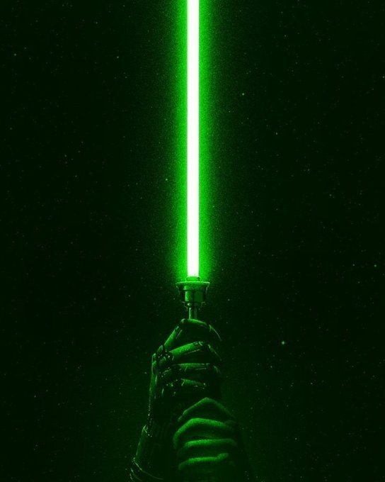 Dramatic illustration of a hand gripping a lightsaber that emits a bright green blade against a starry black background.
