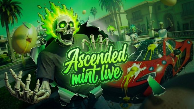 A stylized promotional image features a flaming green skull with skeletal hands bursting through paper, alongside a graffiti-splattered red sports car and other skull characters in a city street, with the neon green text "Ascended mint live" overlaid—matching the announcement for the Flame Warrior NFT collection mint at 0.0001 ETH.