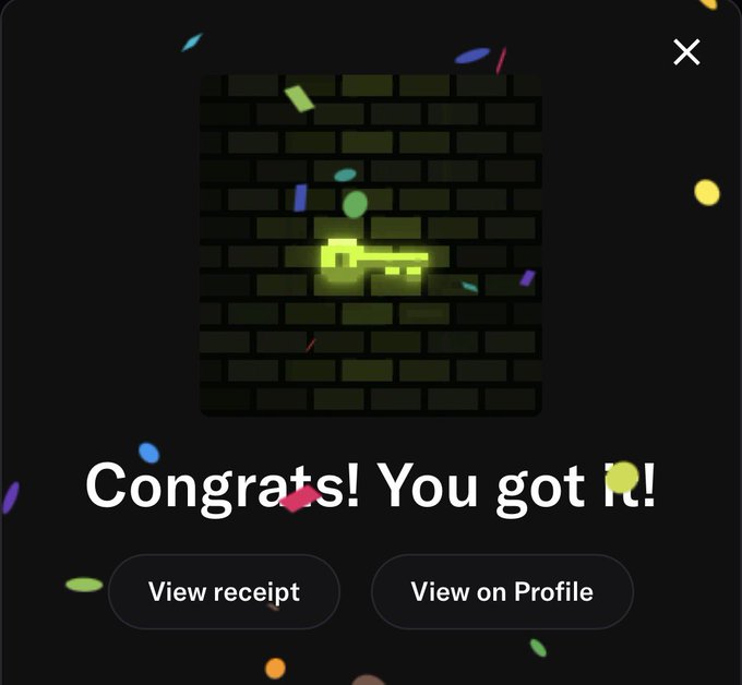 A digital notification screen displaying 'Congrats! You got it!' over a pixelated snake game image with confetti and buttons to 'View receipt' and 'View on Profile'.