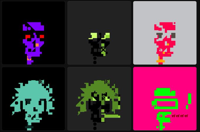 A 2x3 grid of pixel art / NFT-style character portraits in various colors (purple, dark with green, red, teal, green, bright pink) with glitchy, abstract designs.