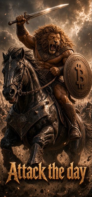 A muscular warrior with a lion's head rides a powerful black horse into battle, brandishing a sword overhead and carrying a shield emblazoned with the Bitcoin "B" symbol, with the text "Attack the day" displayed at the bottom. The image visually amplifies the post's rallying cry for a victorious Monday, embodying fearless determination and crypto confidence in the face of market challenges.