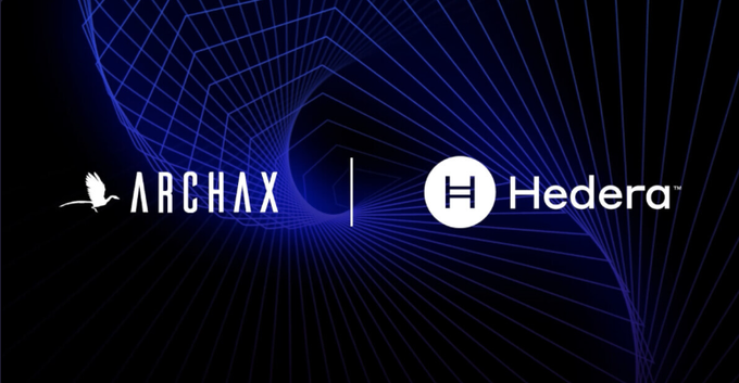 The image features a logo that combines two companies' names - Archax and Hedera. The logo consists of a blue spiral design with a white circle at its center, representing the companies' partnership or collaboration. Below the logo, there's text that reads "Archax and Hedera Advance tokenised securities with real-time streaming cash flows Archax, the UK/EU-regulated digital asset platform". This suggests that these two companies are working together to create a new type of tokenised security, which can be easily tracked and managed through real-time streaming.