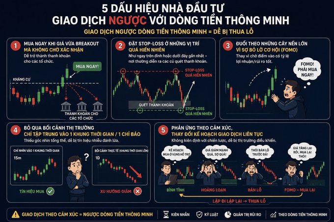 A Vietnamese trading infographic titled "5 DẤU HIỆU NHÀ ĐẦU TƯ GIAO DỊCH NGƯỢC VỚI DÒNG TIỀN THÔNG MINH," displaying five common mistake patterns with candlestick chart examples and cartoon characters.