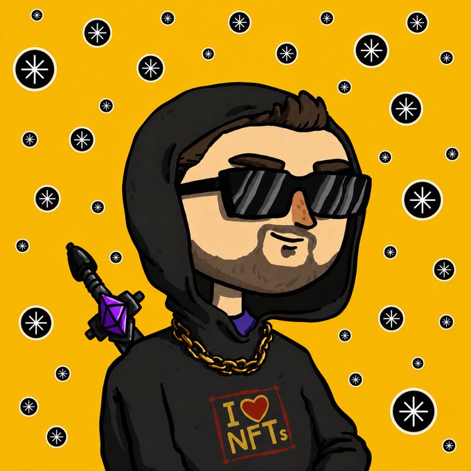 A cartoon-style digital illustration of a bearded man wearing sunglasses and a black hoodie that reads 'I ❤️ NFTs'. He has a gold chain and what appears to be a purple crystal sword on his back, set against a yellow background with black star/sparkle patterns.