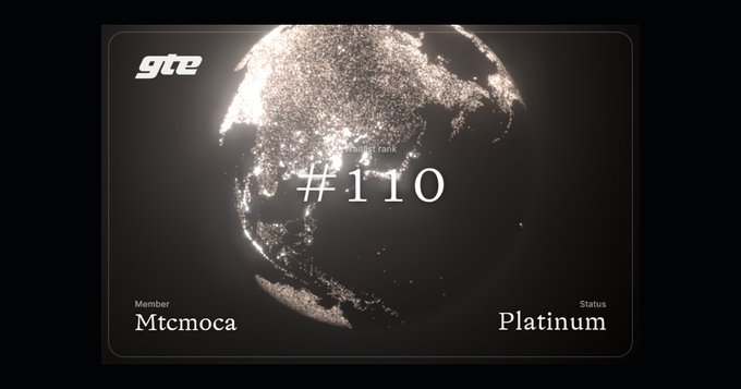 A digital GTE membership card displays "#110" prominently over a glowing globe, with "Member: Mtcmoca" and "Status: Platinum," visually confirming the user's top-110 ranking and Platinum tier achievement within the GTE platform.