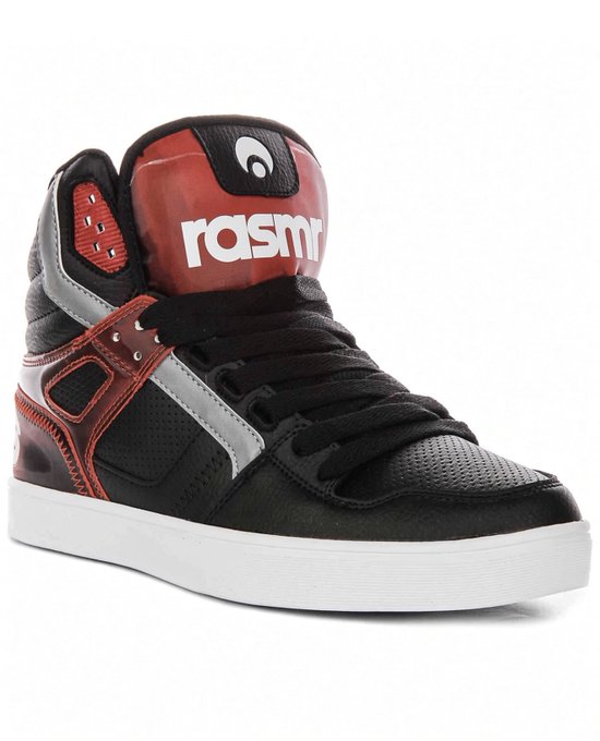 A black, red, and gray high-top sneaker featuring the "rasm r1" branding on the tongue and a small white logo above it, matching the post's anticipation for the Rasm r1s.