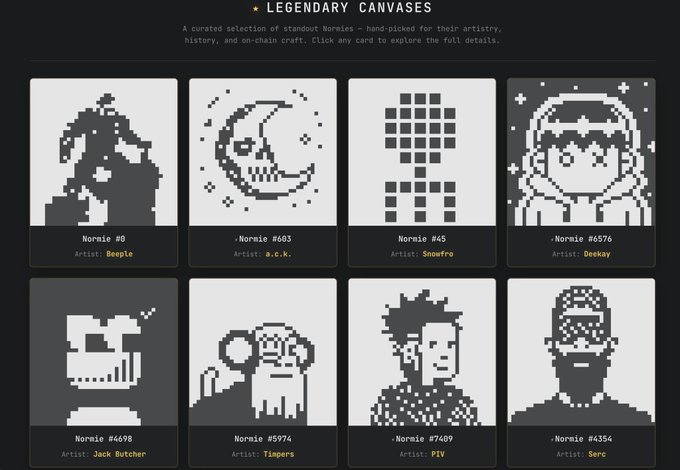 The image displays a gallery titled "LEGENDARY CANVASES" featuring eight pixel-art Normie portraits, each labeled with a number and artist name (e.g., Normie #0 by Beeple, Normie #693 by a.o.k., Normie #45 by Snowfro, Normie #6576 by Deekay, Normie #4498 by Jack Butcher, Normie #5974 by Timpers, Normie #7409 by PVM, Normie #4354 by Serc). These represent examples of notable Cryptopunks-style NFTs that the poster references in their call for "burning normies" to free up artwork slots, echoing the platform's mechanic of destroying tokens to create new canvases.