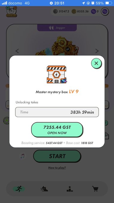 A mobile game screenshot showing a 'Master mystery box LV 9' pop-up that unlocks in 383 hours and 59 minutes, requiring 7255.44 GST to open now, with a base cost of 1818 GST.