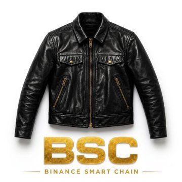 A black leather jacket is displayed above gold text reading 'BSC - Binance Smart Chain'.