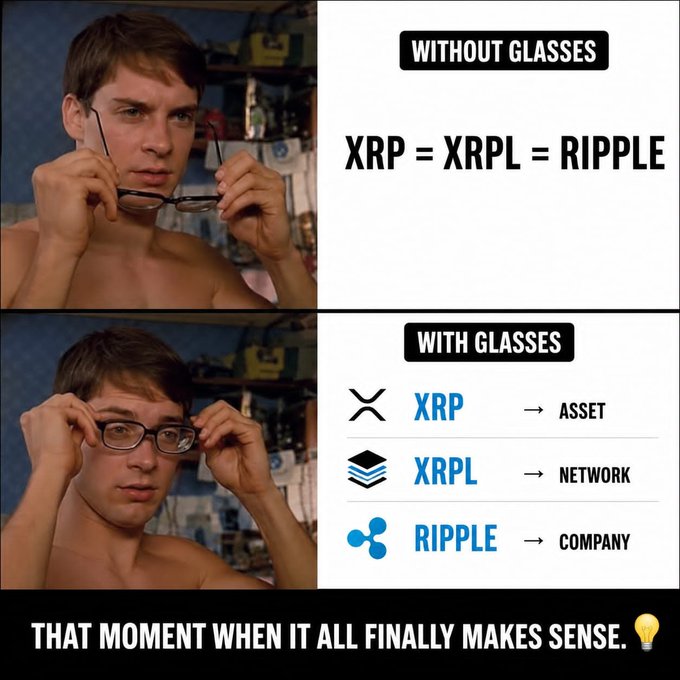 The image shows a man wearing glasses, holding them over his eyes as if he's trying to see something clearly or read a blurry sign. The caption below the image reads "That moment when it all finally makes sense." This suggests that the confusion about XRP, XRPL, and Ripple might have been resolved by understanding their differences through an explanation provided in the image.