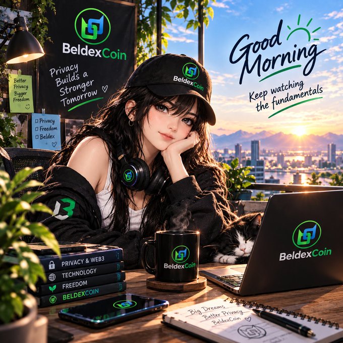 An illustrated promotional graphic for BeldexCoin features an anime-style woman with a cat, books on privacy and web3, and the text 'Good Morning, Keep watching the fundamentals.'