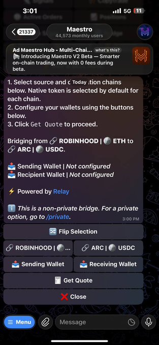 A screenshot of a Telegram chat with the Maestro bot displaying a bridge interface to transfer ETH from Robinhood to ARC USDC on the Arc network, confirming the "Bridge in and out of Arc" feature mentioned in the post.