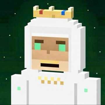 A pixel art rendering of a Minecraft character wearing a white robe and a gold crown, featuring green eyes against a dark starry background.