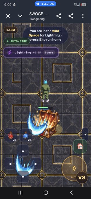A screenshot of a mobile game called 'SWOGE' showing gameplay with on-screen controls, a 'Lightning' ability, and text reading 'You are in the wild - Space for Lightning - press E to run home'.
