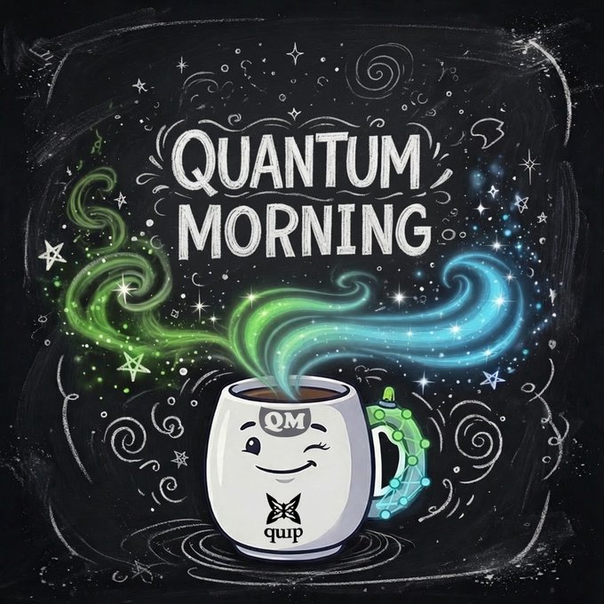 A stylized chalkboard-style illustration with the text 'QUANTUM MORNING' above a smiling white coffee mug labeled 'QM' and 'qup', emitting swirling green and blue steam with stars around it.