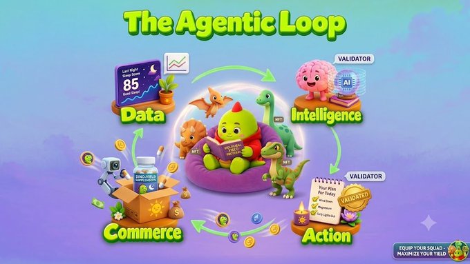 A colorful 3D-style infographic titled 'The Agentic Loop' showing a circular flow between Data, Intelligence, Action, and Commerce stages, featuring cartoon characters including dinosaurs and a brain mascot.