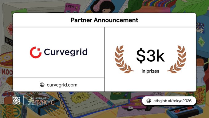 A 'Partner Announcement' graphic for EthGlobal Tokyo, showing logos for 'Curvegrid' (curvegrid.com) on the left and '$3k in prizes' with a laurel wreath design on the right.