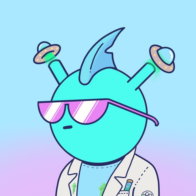 A cartoon illustration features a teal, spherical character with a shark-like fin on its head, wearing pink-tinted sunglasses and a white lab coat, with two antennae topped by small UFOs.