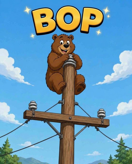 A cartoon bear clings cheerfully to the top of a wooden utility pole beneath the bold "BOP" text, visually capturing the playful "Bear on Pole" concept for the $BOP token featured in the post.