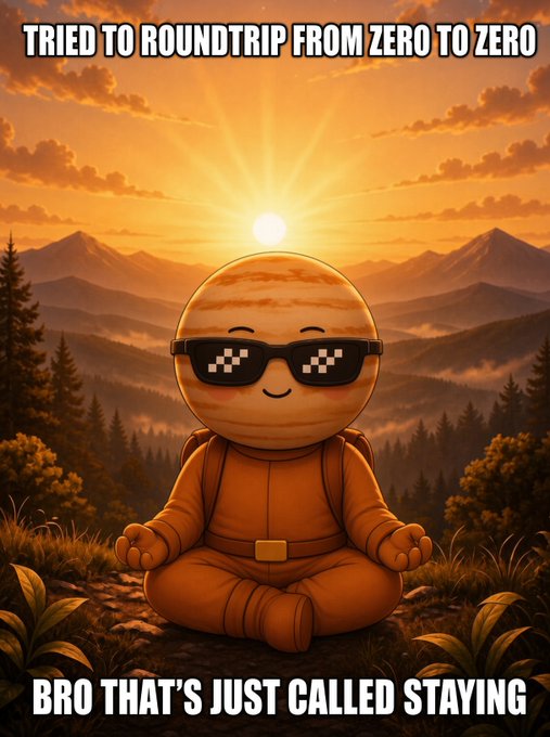 A cartoon-style orange planet character with pixelated sunglasses meditates peacefully in front of a sunset mountain landscape, captioned "TRIED TO ROUNDTRIP FROM ZERO TO ZERO" at the top and "BRO THAT'S JUST CALLED STAYING" at the bottom—humorously roasting the idea that a roundtrip returning to its starting point is no real trip at all.