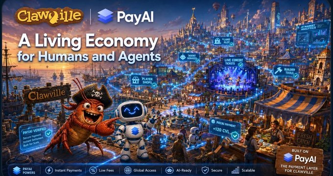 A vibrant advertisement banner for 'Clawville' and 'PayAI' promoting 'A Living Economy for Humans and Agents,' featuring a cartoon crab and a robot in a bustling fantasy port town with various digital transaction labels like 'LIVE CONCERT TICKETS' and 'PAYA1 PAYMENT +120 CVL.'
