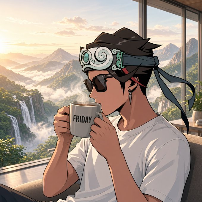 Anime-style illustration of a young man wearing sunglasses and a head-mounted device, sipping from a mug labeled 'FRIDAY' while gazing at a mountainous landscape with waterfalls.