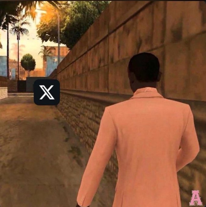 Video game screenshot showing a character from behind in a pink coat walking along a brick wall, with the X (formerly Twitter) logo overlaid in the center.