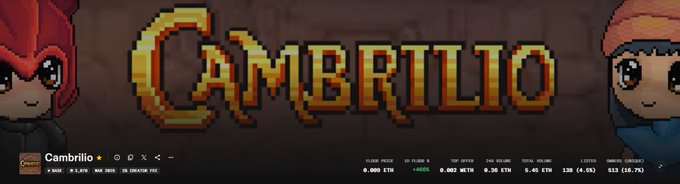 A pixel art banner for "Cambrilio" features the project's golden logo flanked by two chibi-style characters, promoting a Cambria giveaway of 5 Cambrilio NFTs in celebration of the Viceroy Charter mint. The Twitter handle @playcambria and associated stats are visible below the artwork.