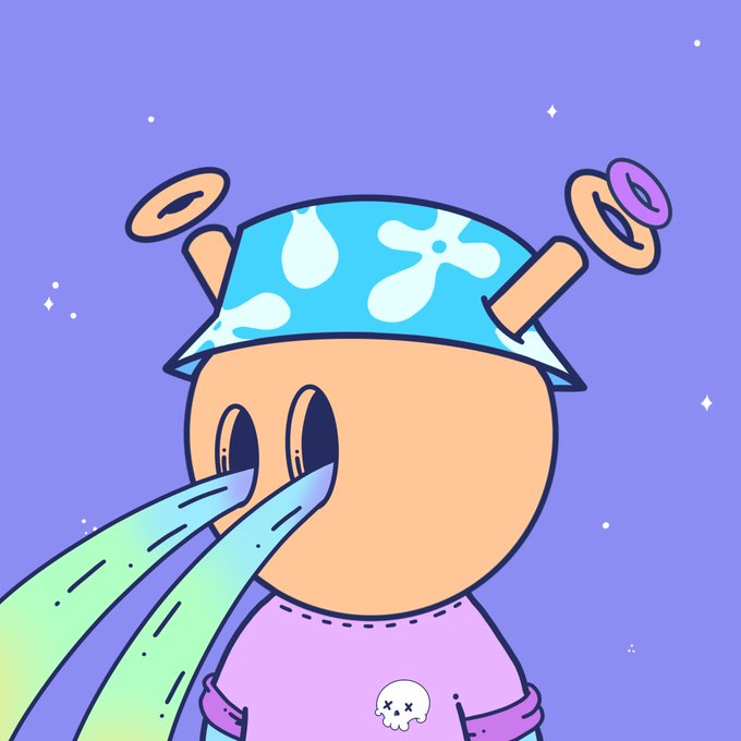 A cartoon illustration of a character with a large orange face wearing a blue patterned bandana and a purple shirt with a small skull logo, crying colorful green and blue tears against a purple starry background.