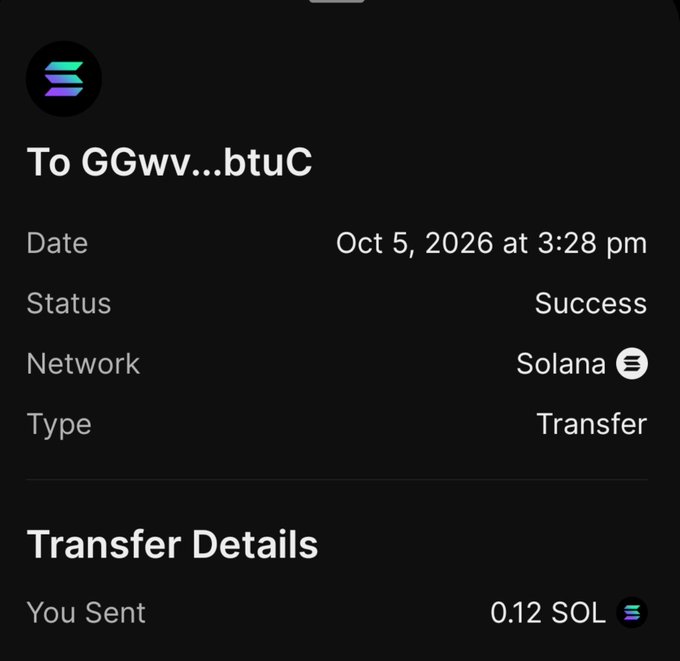 A successful Solana transaction receipt showing 0.12 SOL transferred to wallet address "GGwv...btuC" on Oct 5, 2026 at 3:28 pm, confirming the quick payment referenced in the post.