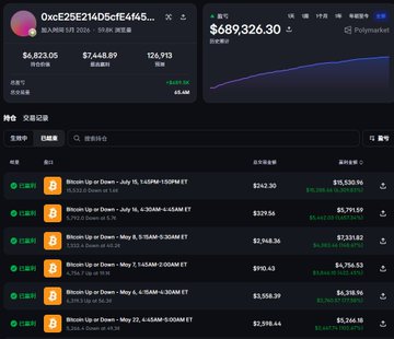 A Polkamarket trading interface showing a Bitcoin Down prediction market at $689,326.30 alongside a wallet balance dashboard for address 0xcE28E214D5cfE4A5.