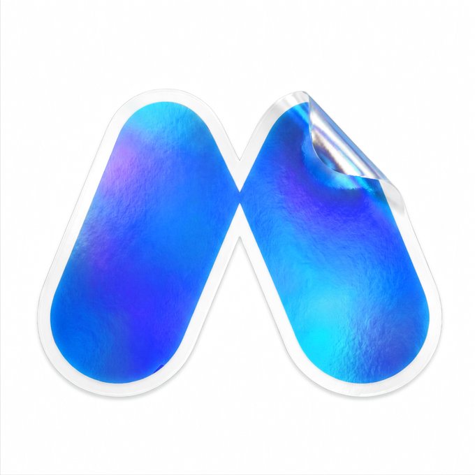 A stylized blue gradient 'M' logo sticker is displayed against a white background, with the top-right corner of the sticker peeling back to reveal a silver metallic underside.