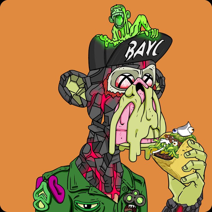 A stylized illustration of a zombie-like NFT character from Bored Ape Yacht Club (BAYC) wearing a black cap with the 'BAYC' logo and a green jacket, holding a melting creature.