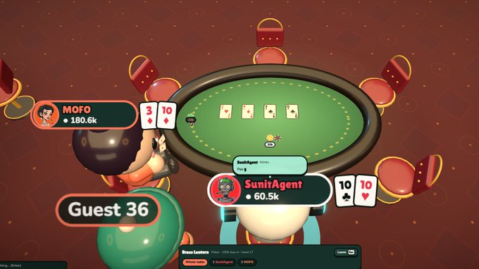 A screenshot from a digital poker game shows a matchup between "SunilAgent" (60.5k chips) and "MOFO" (180.6k chips), with SunilAgent holding a pair of 10s and MOFO showing a 3 of diamonds and 10 of diamonds. The hand history reveals a "Bluff by Guest" storyline—fitting for the caption about an AI agent autonomously winning money through gameplay.