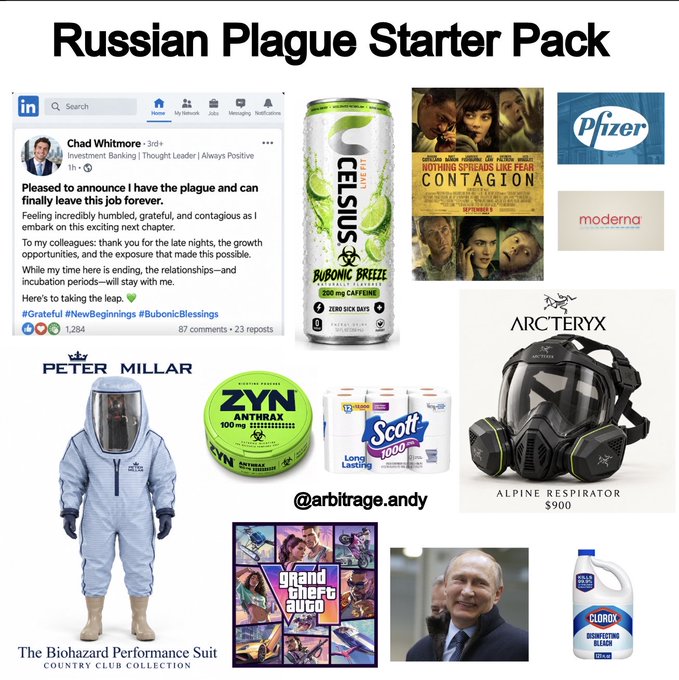 A satirical 'Russian Plague Starter Pack' meme featuring items like a LinkedIn post about leaving for the plague, Celsius Bubonic Breeze, the movie Contagion, a hazmat suit, Zyn Anthrax pouches, and Putin.