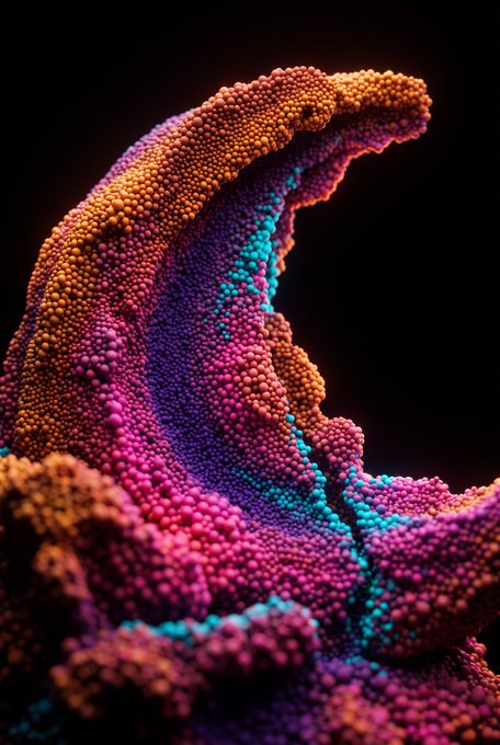 A vibrant 3D abstract rendering of colorful granular particles in orange, pink, purple, and cyan against a black background.