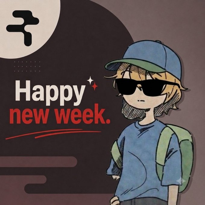 An illustrated 'Happy new week' graphic featuring a character with sunglasses, a blue cap, and backpack next to a puzzle-piece icon.