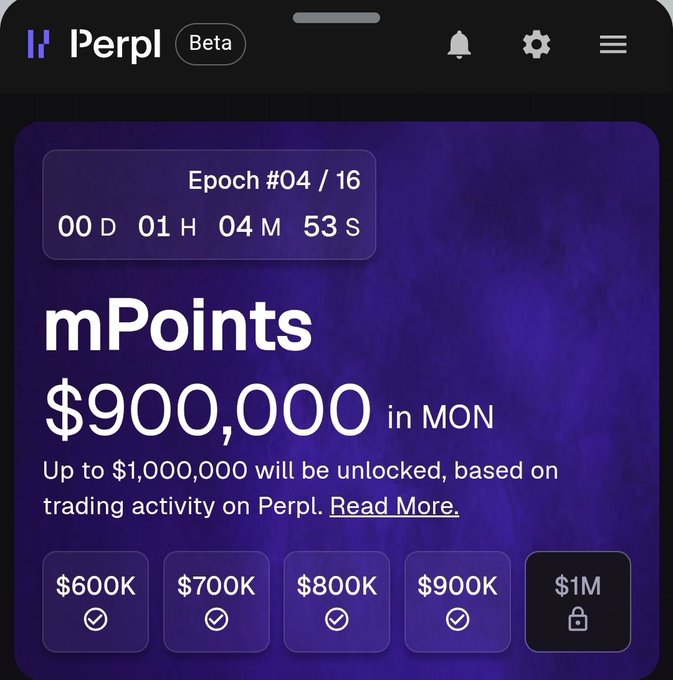 The image shows the Perpl app's "mPoints" rewards page displaying Epoch #04/16 with a countdown of 00D 01H 04M 53S remaining, currently showing $900,000 unlocked out of a potential $1,000,000 in MON tokens based on trading activity. This directly illustrates the post's question about the final milestone, as the progress tracker at the bottom shows the $900K tier achieved with a checkmark while the $1M tier remains locked, suggesting the remaining $100K will be unlocked when the next trading volume threshold is met.
