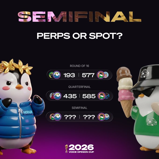 A promotional graphic for the "2026 Voice Opinion Cup" Semifinal titled "PERPS OR SPOT?" features two penguin mascots—one in a blue hoodie and one holding an ice cream cone—flanking vote results showing Round of 16 (193 | 577), Quarterfinal (435 | 585), and a pending Semifinal matchup between @edoweb3 and @Deestar with a link to vote at voice.fun/socialcamp.