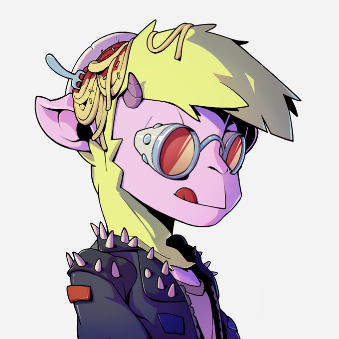 A cartoonish illustration of a purple-skinned humanoid character with blonde hair, red goggles, pointed ears, horns, and a spiked leather jacket, depicted in a punk aesthetic. The image pairs with the post's "Goats getting hungry, Wen mint?" caption by giving a quirky mascot-like face to the project, signaling an upcoming NFT/token mint.