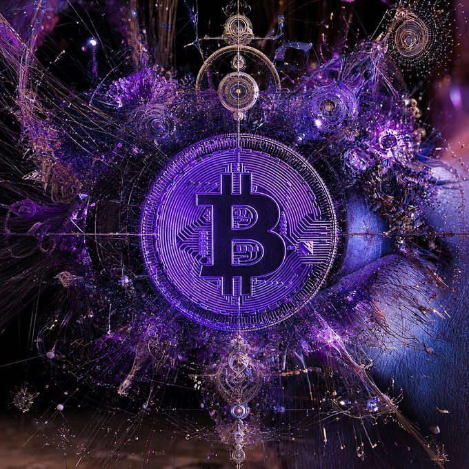 A vibrant purple Bitcoin symbol sits at the center of a complex, fractal-like digital artwork with radiating lights.