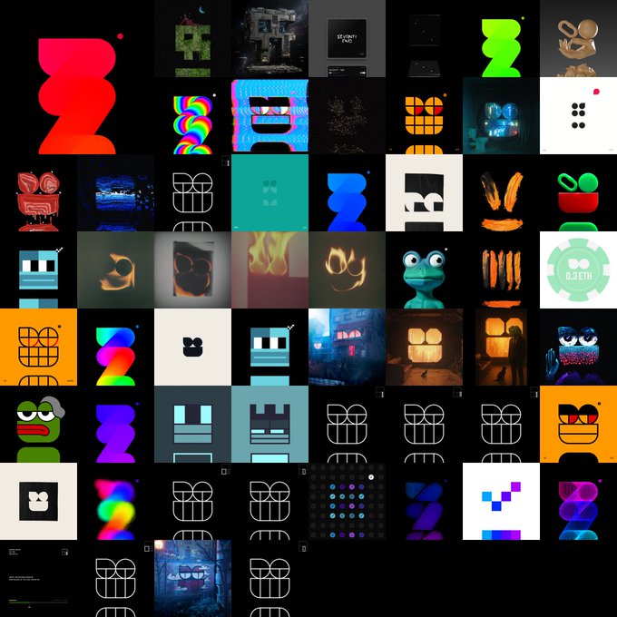 A collage of various stylized character designs and abstract shapes, featuring a recurring rounded face-like motif in vibrant colors like red, blue, green, and yellow against black backgrounds.