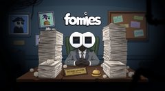 A scene from the Brazilian animated series 'Fomés' showing a cartoon character overwhelmed by stacks of paperwork at a desk.